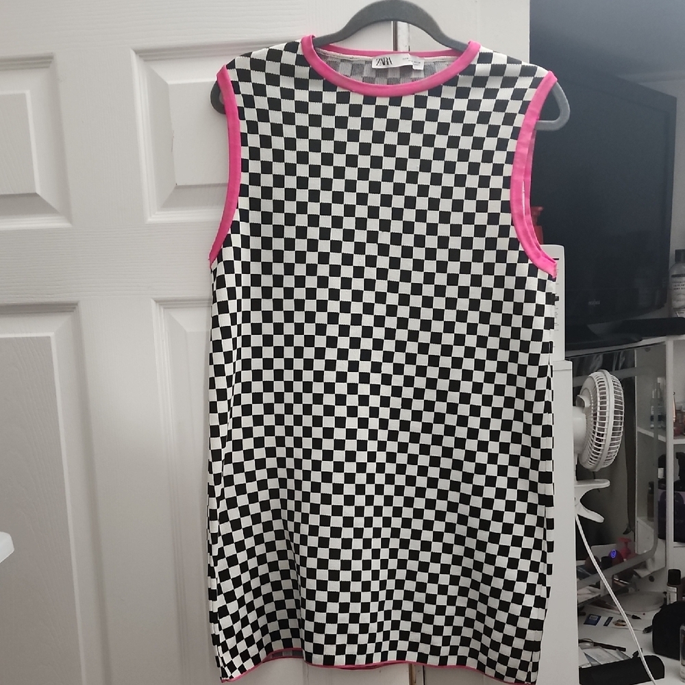 Checkered Black and White Kids Dress with Pink Accents